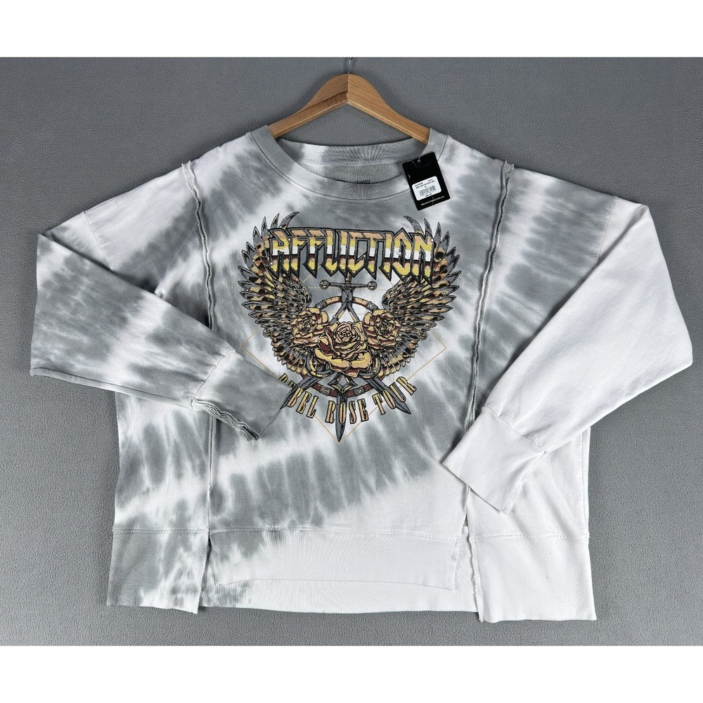 Affliction Sweatshirt Womens XL Grey White Tie Dye Rebel Rose Fleece Wings New